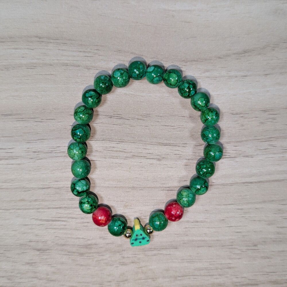 Green Bead Bracelet Christmas Tree Charm Stretch Holiday Jewelry
